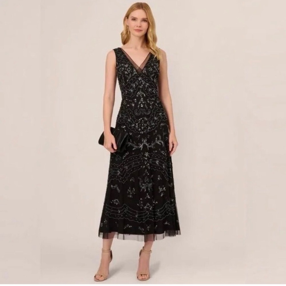Adrianna Papell Black and Silver Embroidered Midi Dress